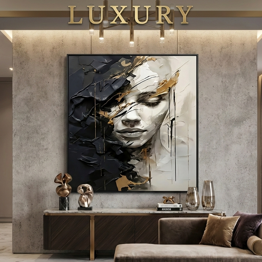 Modern Luxury Abstract Woman Portrait Canvas Wall Art | Black & Gold