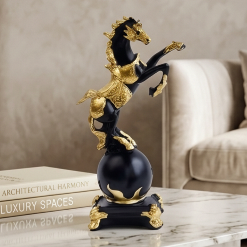 Majestic Black & Gold Rearing Horse Sculpture | Premium Resin Decor