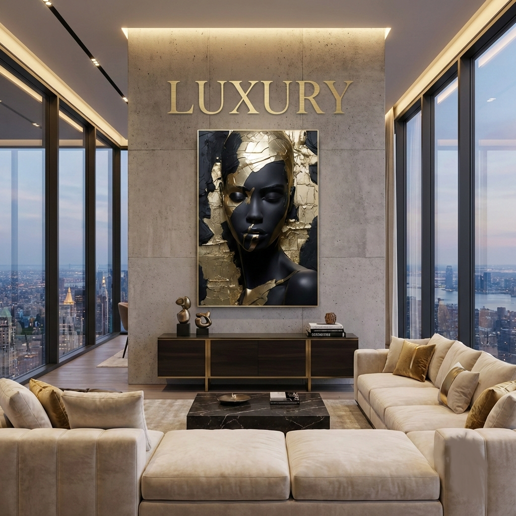 Golden Elegance: Modern Black & Gold Abstract Face Wall Art