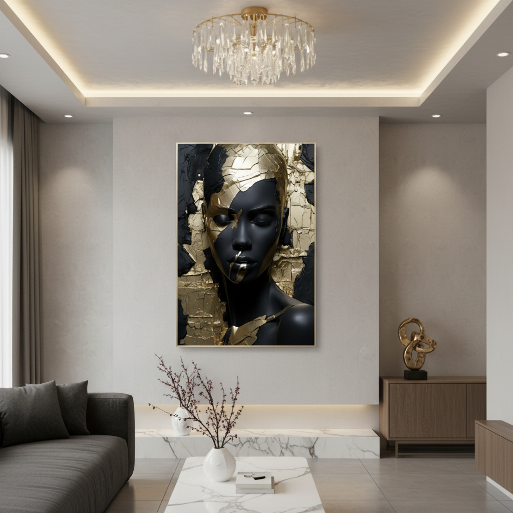Golden Elegance: Modern Black & Gold Abstract Face Wall Art