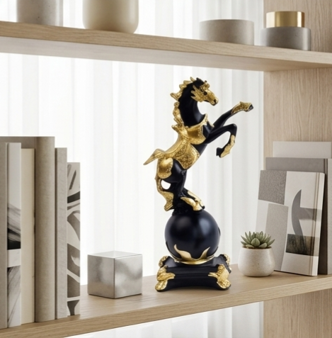 Majestic Black & Gold Rearing Horse Sculpture | Premium Resin Decor