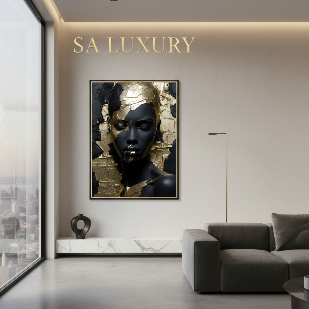 Golden Elegance: Modern Black & Gold Abstract Face Wall Art