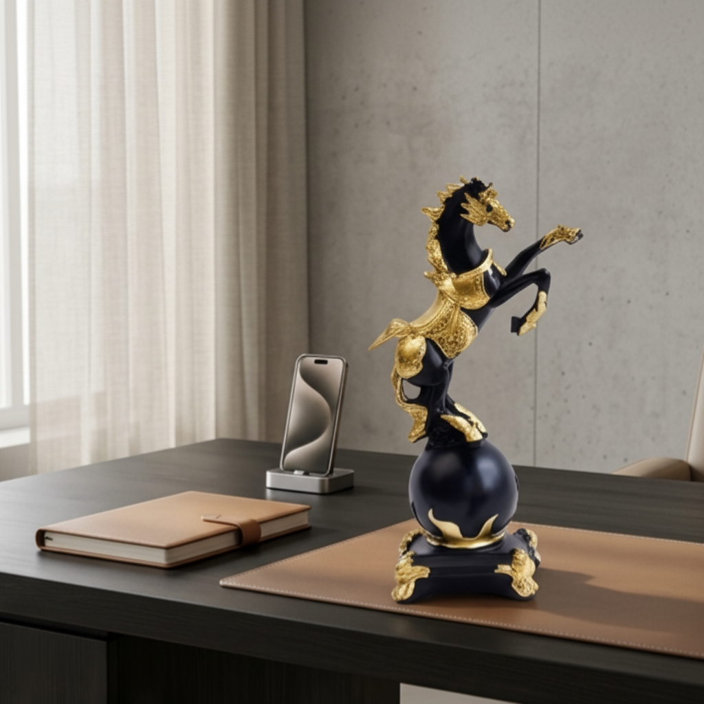 Majestic Black & Gold Rearing Horse Sculpture | Premium Resin Decor