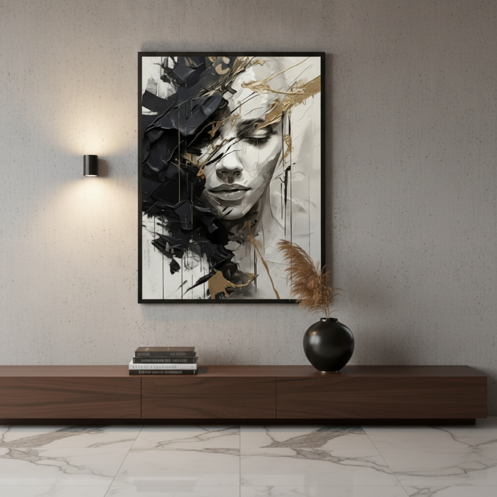 Modern Luxury Abstract Woman Portrait Canvas Wall Art | Black & Gold